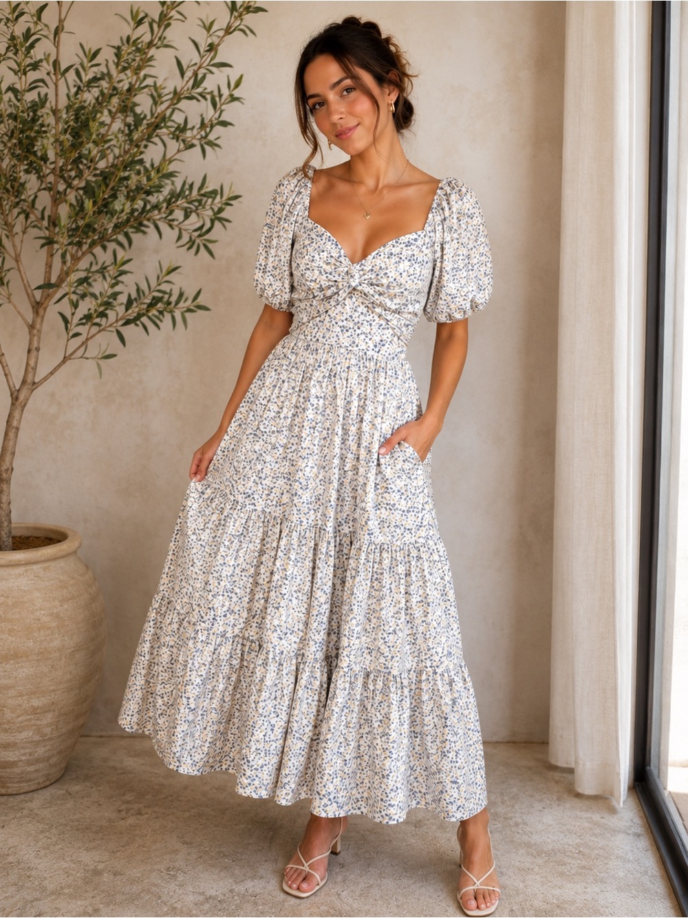 Baevely Floral Cottagecore Peasant Maxi Dress Puff Sleeve Smocked Back L